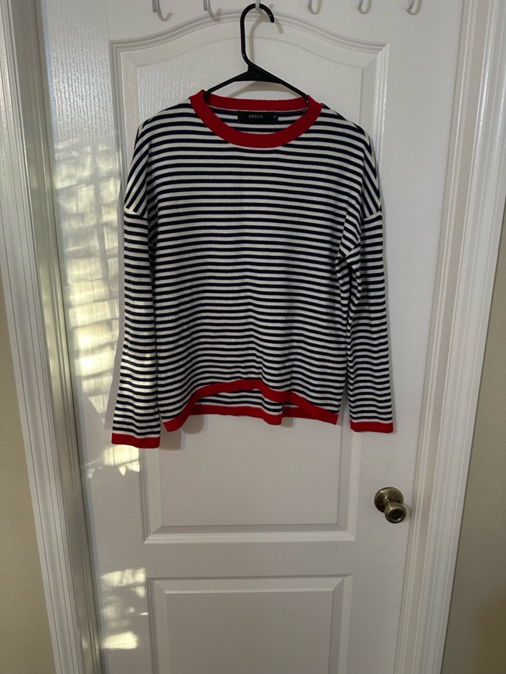 Striped Navy & White Crewneck Sweater with Red Trim